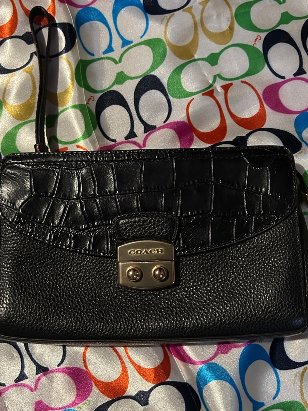 Coach Ivy Black Clutch Bag in Croc Embossed Pebbled Leather & Python Strap